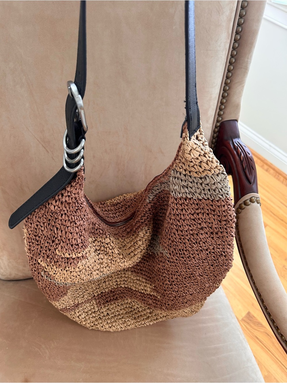 Free People Santorini Straw Raffia Neutral Mix Leather Strap Tote Bag NWOT